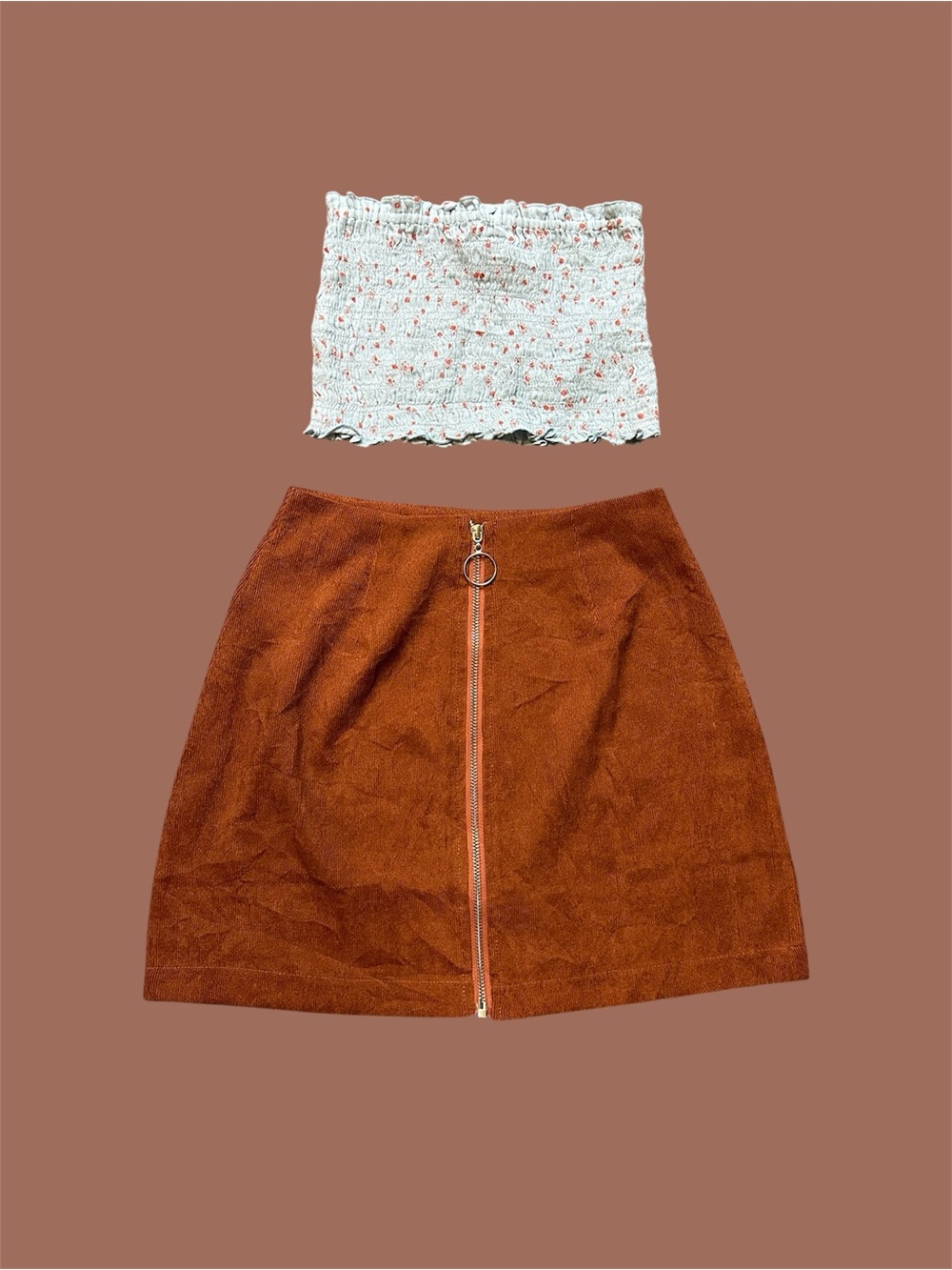 SHEIN Rust Brown Suede-Look A-Line Mini Skirt with Front Ring Zipper